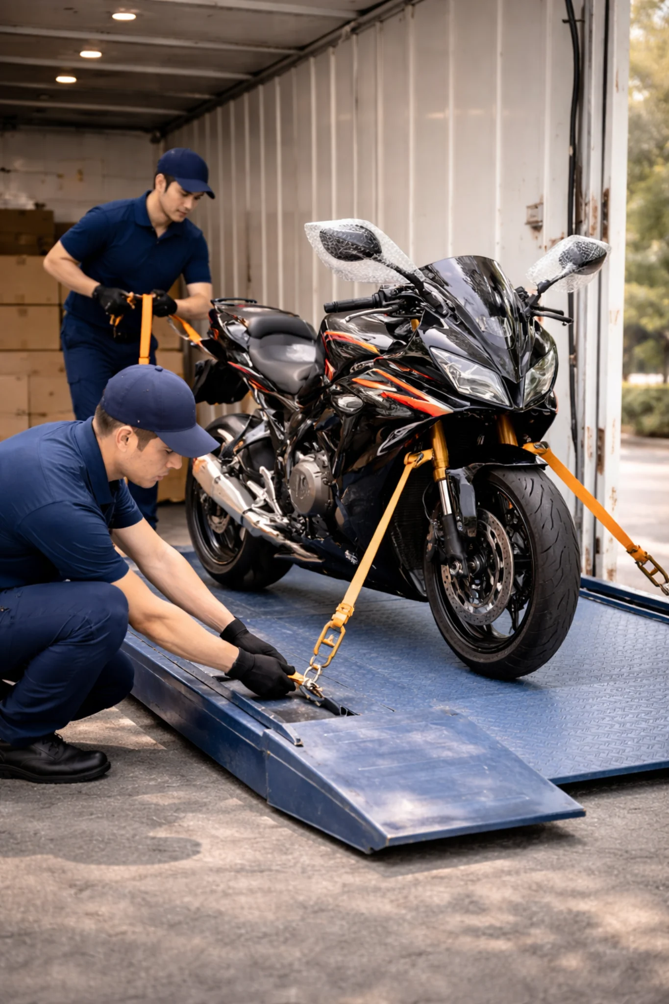 Secure bike shifting support with careful transport handling.