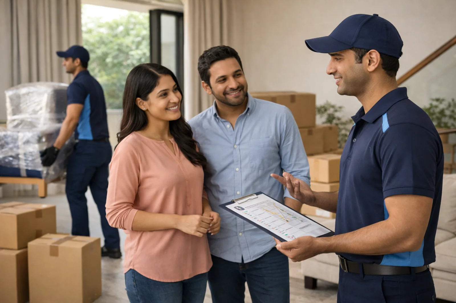 ShiftingsCart team explaining the moving plan to customers inside their home