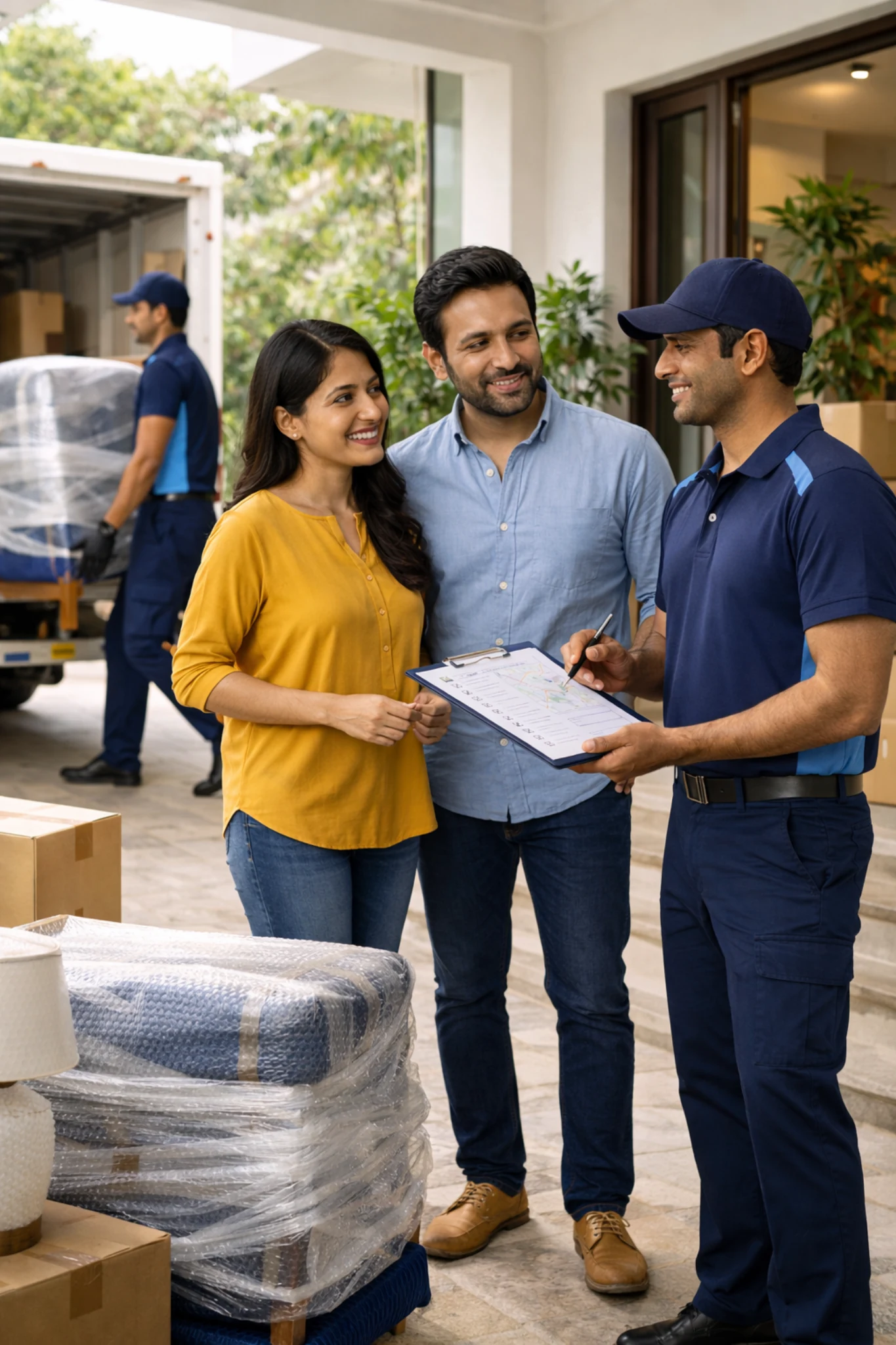 ShiftingsCart team discussing moving details with customers while a home move is in progress.